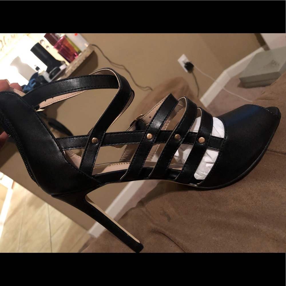 Strappy black and camel heels, size 9